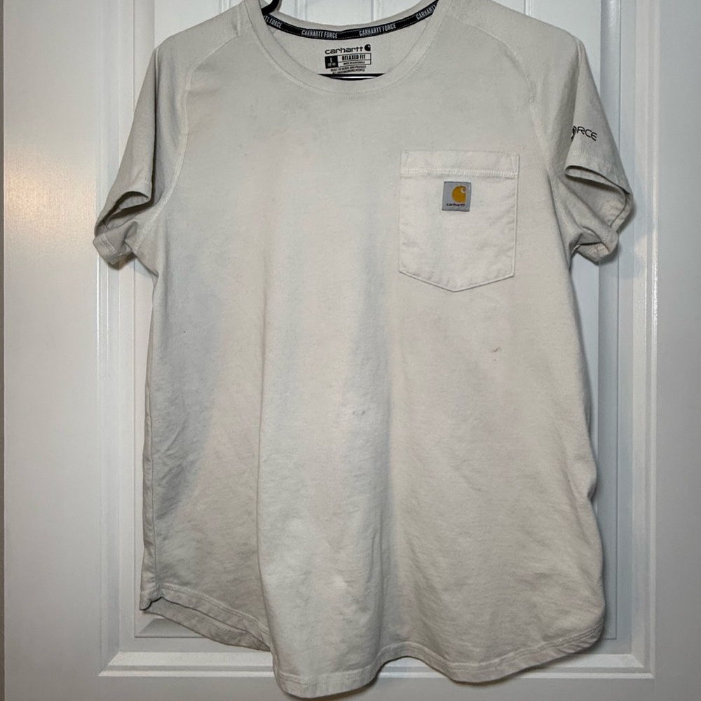 Carhartt Force Boys Large 12-14 Relaxed Fit Pocket Tee Shirt Cream Ivory